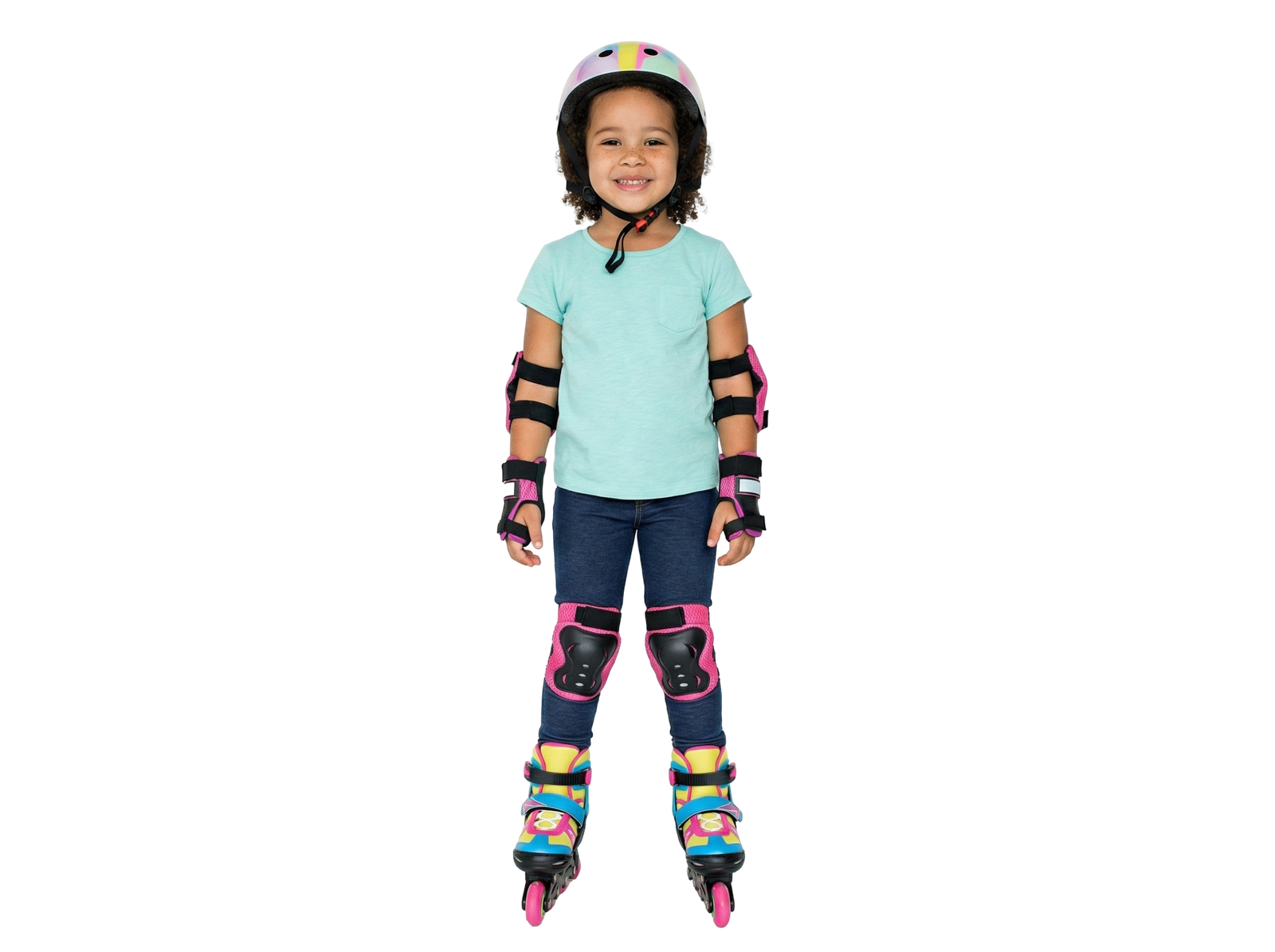 Little Girl in Roller Skates Helmet Safety Gear Transparent Background