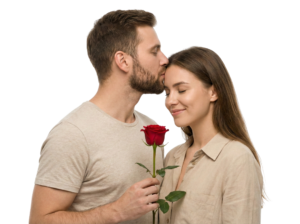 Loving Couple Kiss Forehead with Red Rose Transparent Background