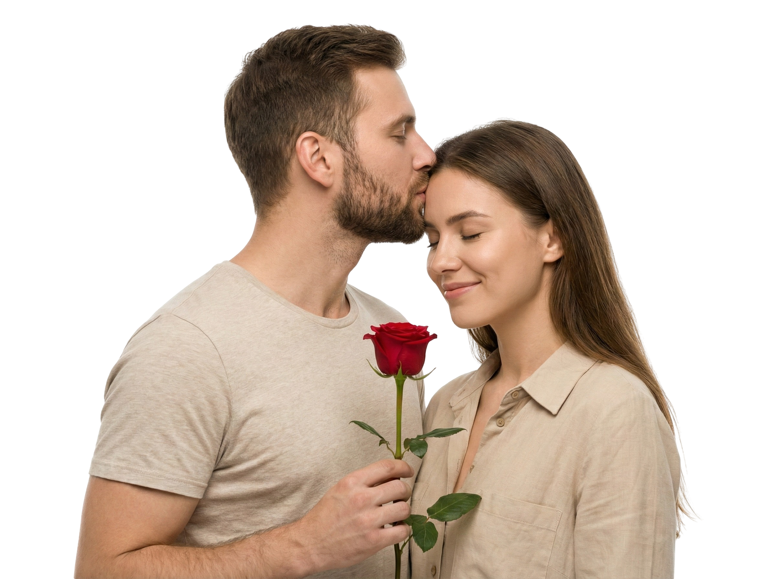 Loving Couple Kiss Forehead with Red Rose Transparent Background