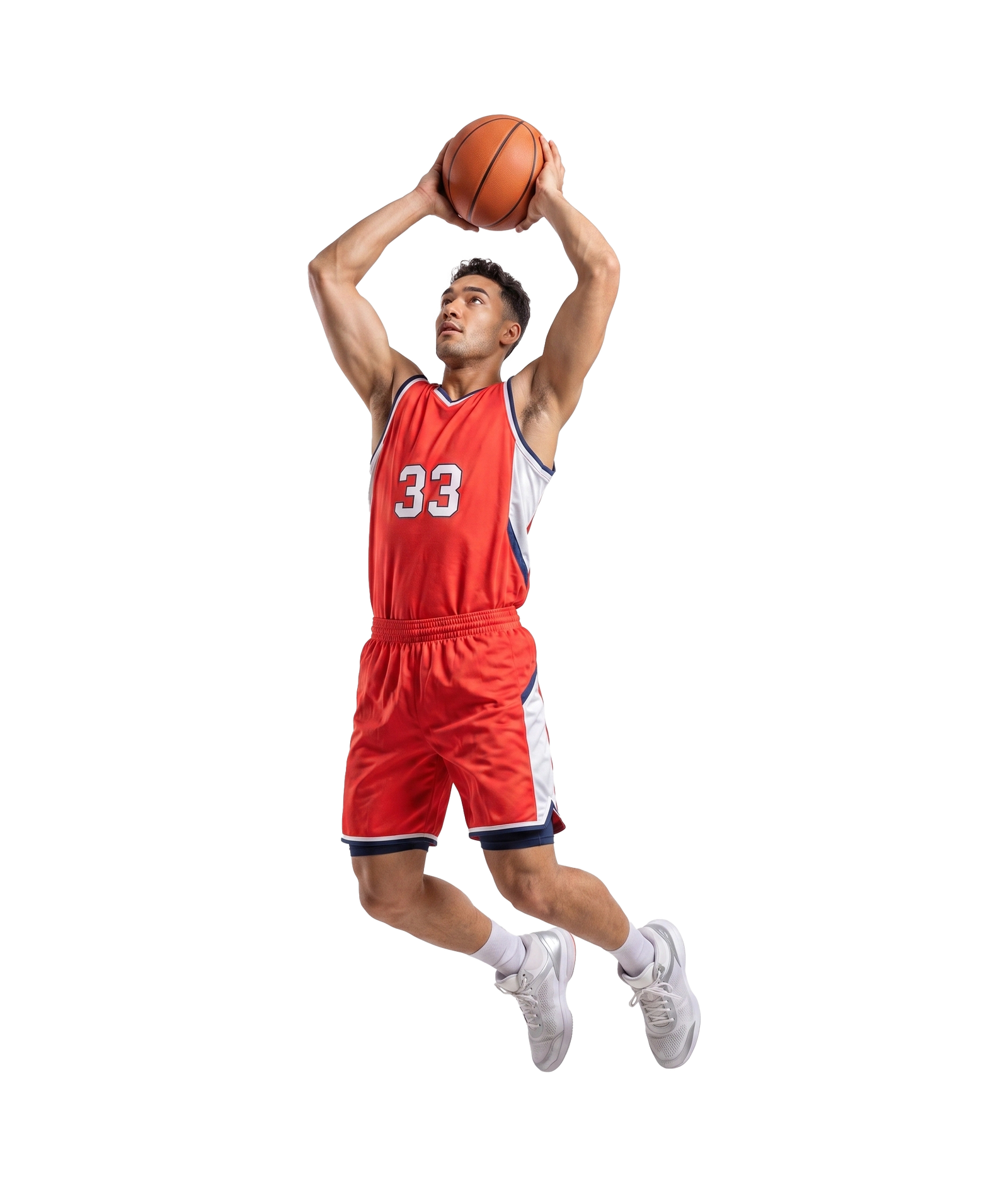 Male basketball player in red jersey jumping