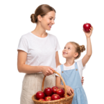 Mother and Daughter Holding Basket Red Apples