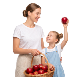 Mother and Daughter Holding Basket Red Apples