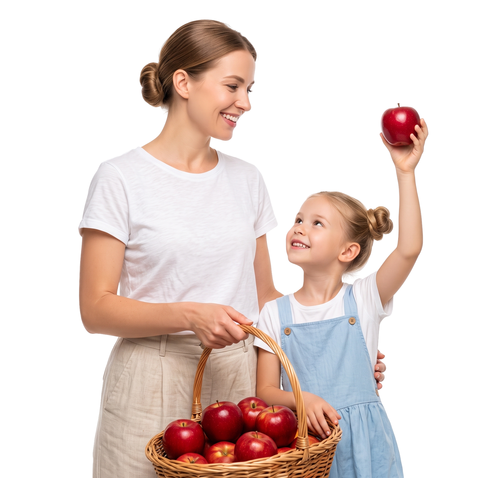 Mother and Daughter Holding Basket Red Apples
