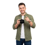 Photographer Man Holding Camera Pointing Finger Smiling Transparent Background