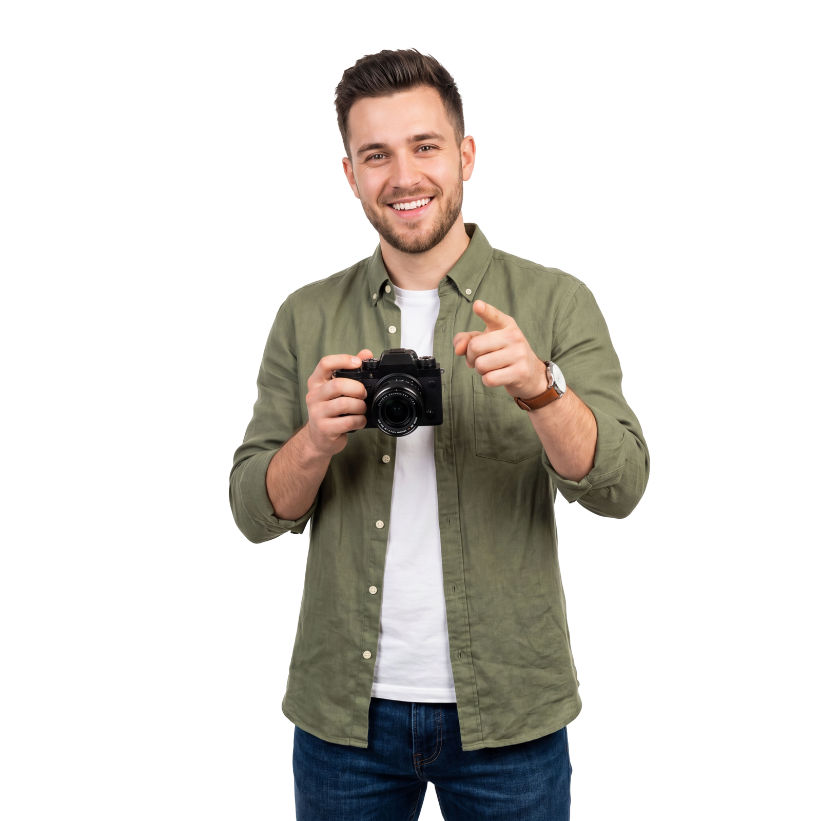 Photographer Man Holding Camera Pointing Finger Smiling Transparent Background