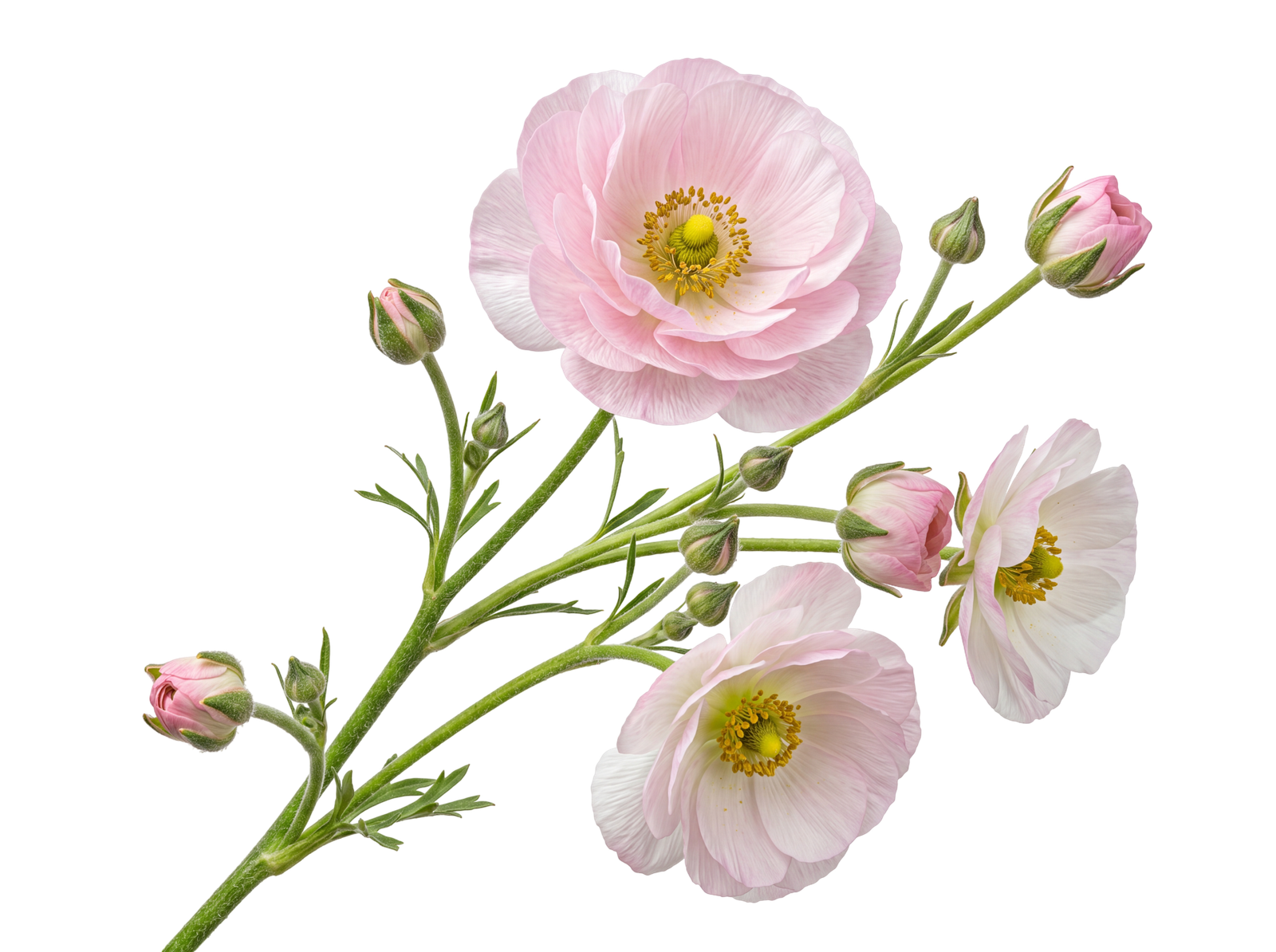 Pink Ranunculus Flower Branch with Blossoms and Buds Transparent Background