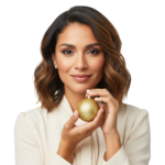 Portrait of an elegant woman holding a glossy decorative egg against a transparent background.