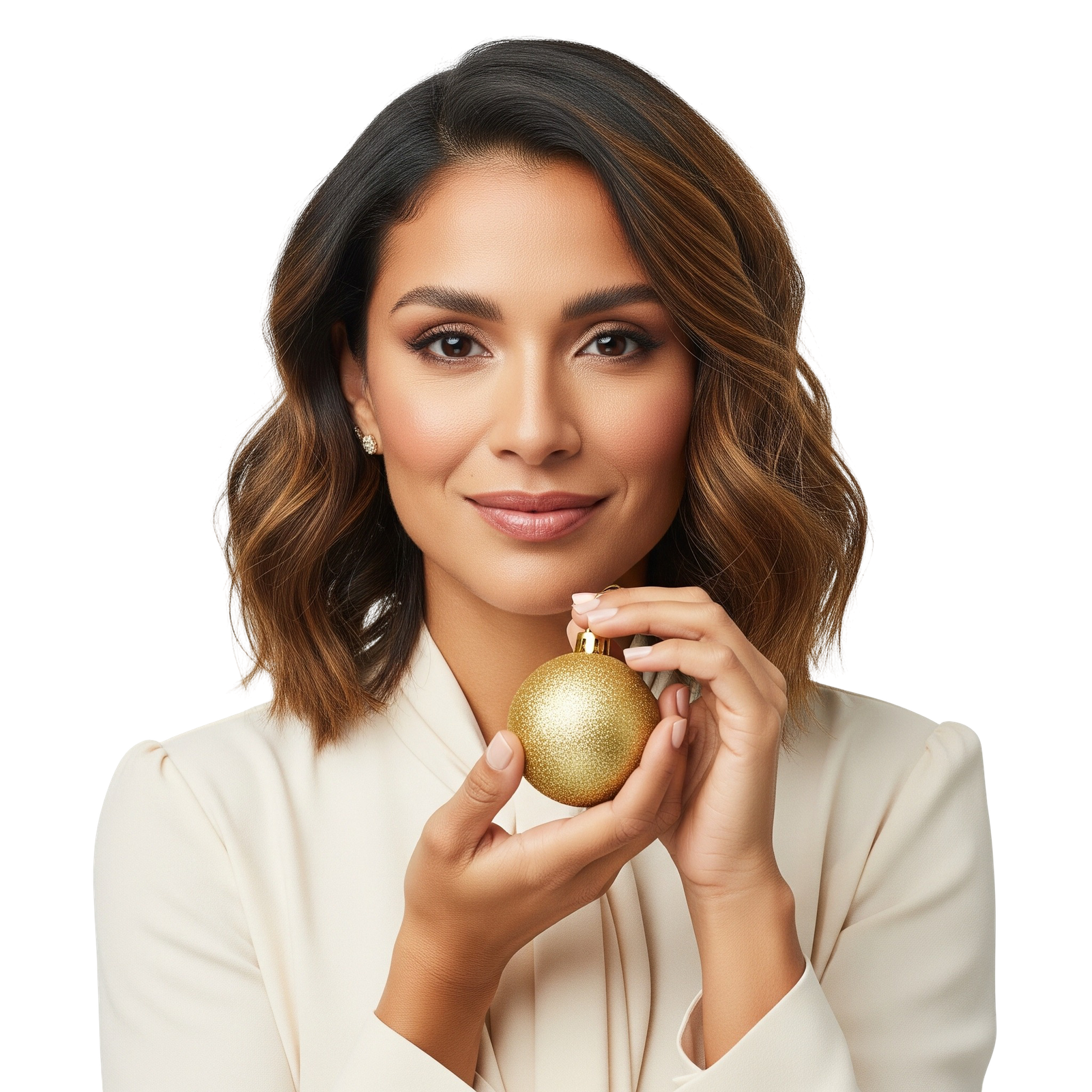 Portrait of an elegant woman holding a glossy decorative egg against a transparent background.