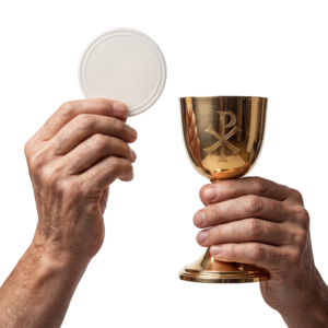 Priest Hands Holding Eucharist and Chalice Isolated