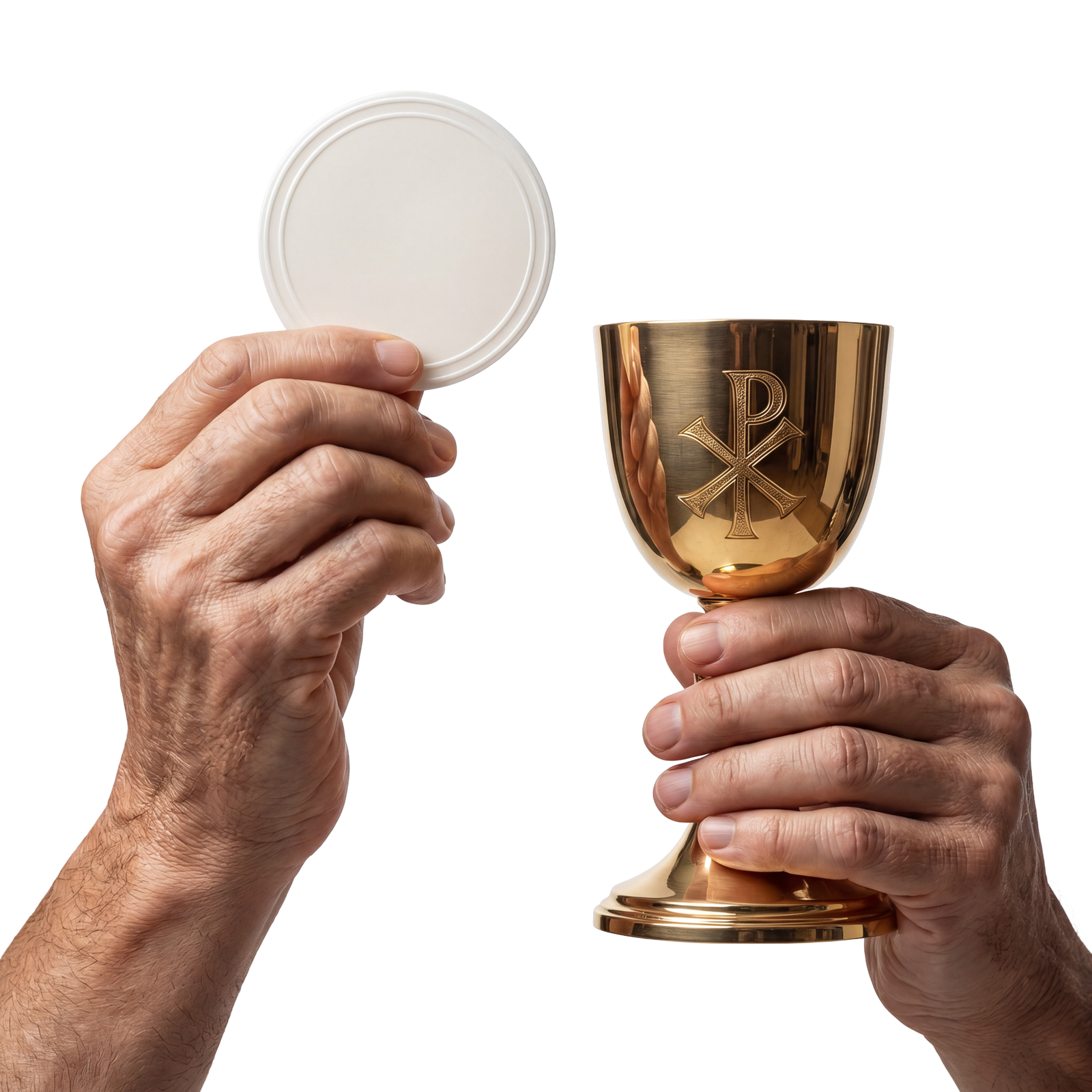 Priest Hands Holding Eucharist and Chalice Isolated