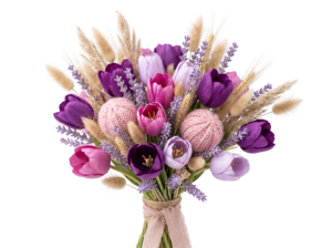 Purple Tulips and Dried Wheat Flowers Bouquet Transparent Background