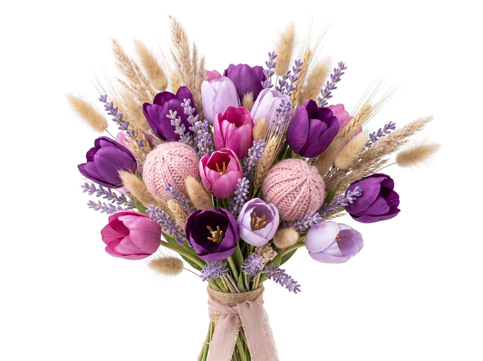Purple Tulips and Dried Wheat Flowers Bouquet Transparent Background