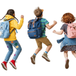 Rear View of Happy School Kids Jumping in Air with Backpacks