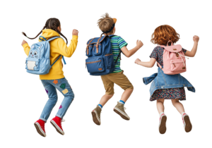 Rear View of Happy School Kids Jumping in Air with Backpacks