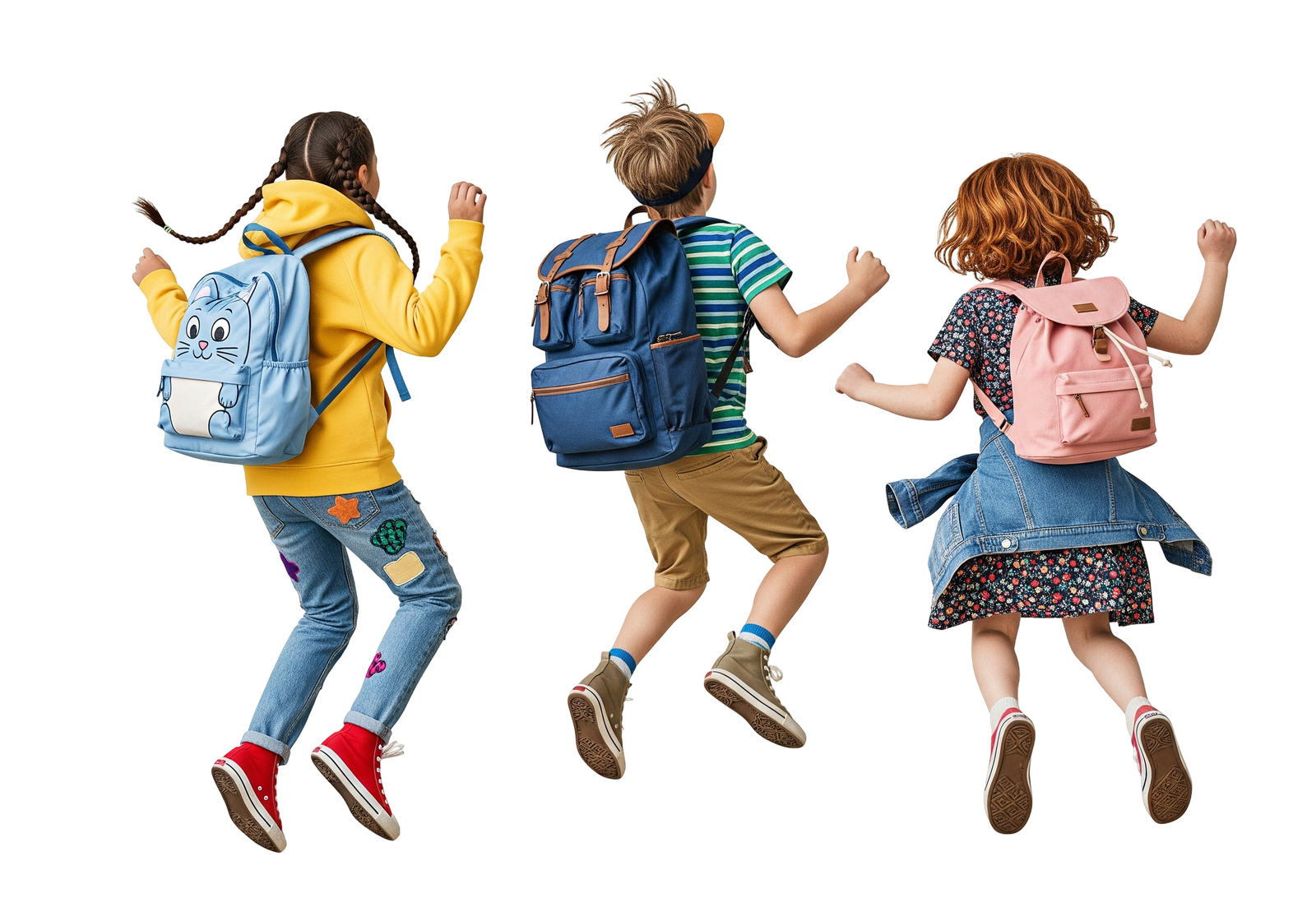 Rear View of Happy School Kids Jumping in Air with Backpacks