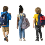 Rear View of Three School Kids Standing with Backpacks