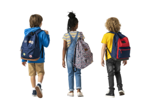 Rear View of Three School Kids Standing with Backpacks