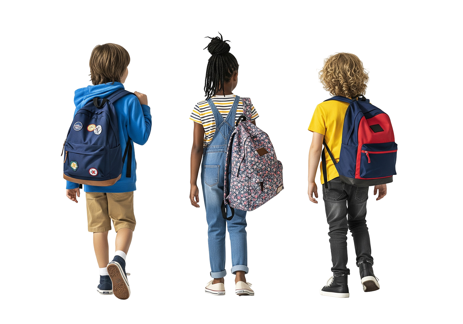 Rear View of Three School Kids Standing with Backpacks