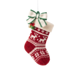 Red Knit Christmas Stocking Hanging Ribbon Isolated on Transparent Background