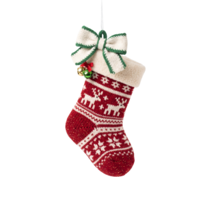 Red Knit Christmas Stocking Hanging Ribbon Isolated on Transparent Background