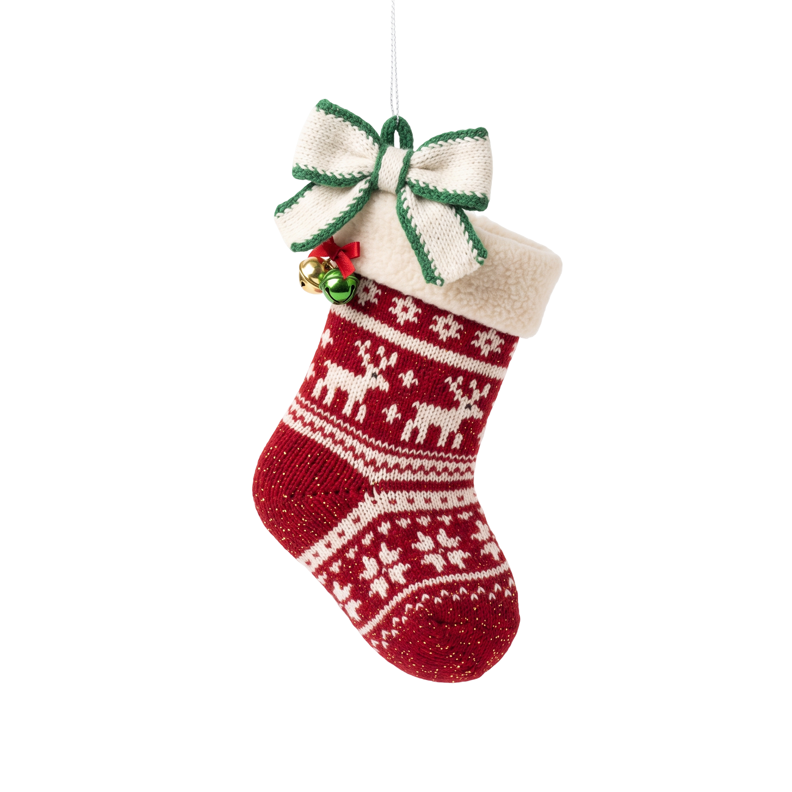 Red Knit Christmas Stocking Hanging Ribbon Isolated on Transparent Background