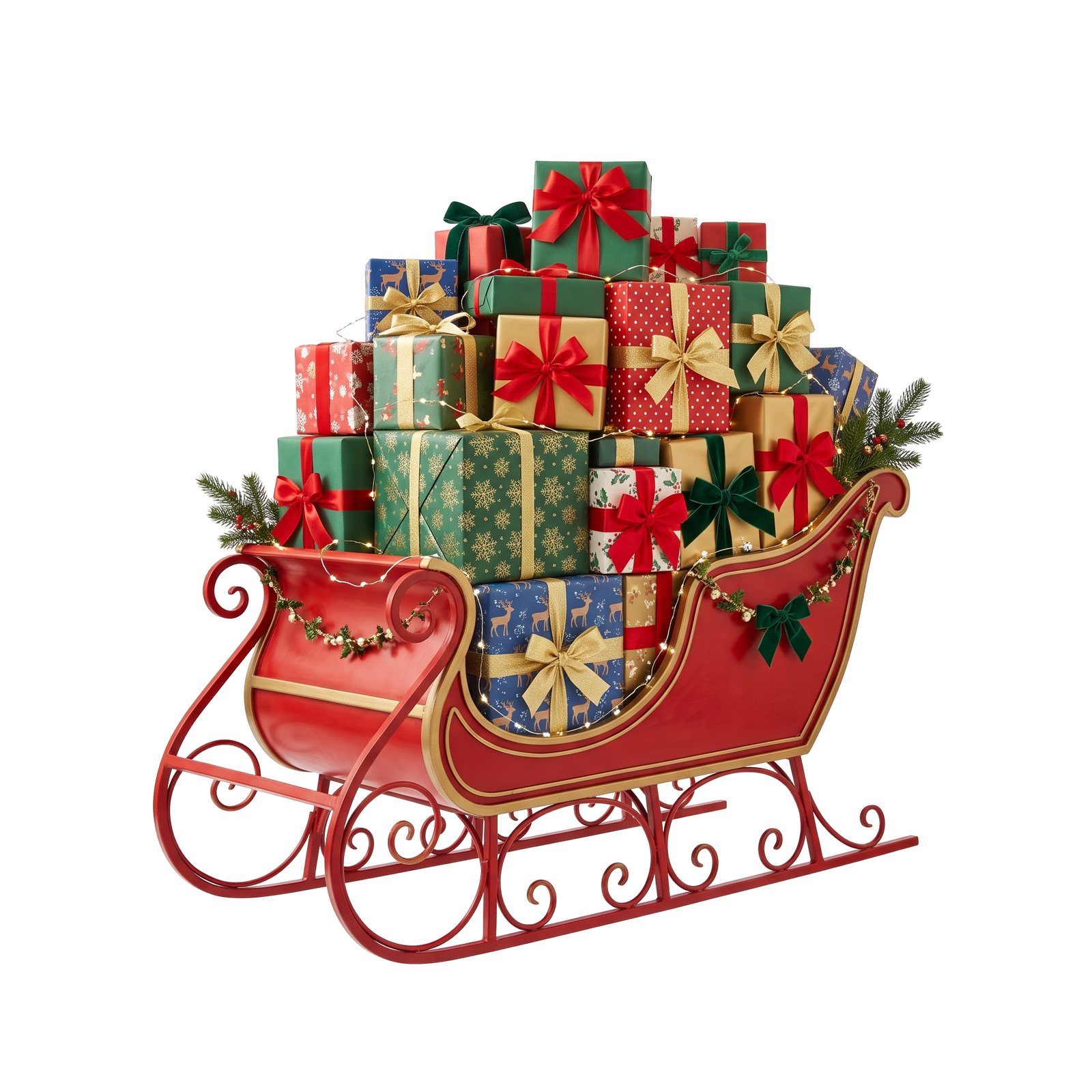 Red Santa Sleigh Filled Gift Boxes Isolated