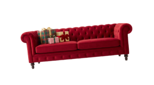 Red Velvet Chesterfield Sofa With Gift Boxes Isolated