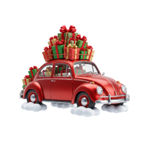 Red Vintage Car Carrying Christmas Gifts on Roof