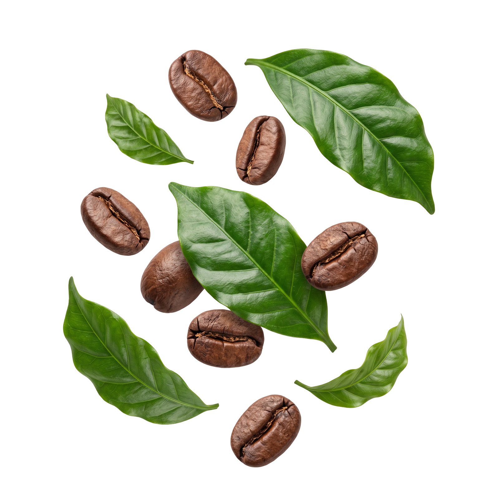 Roasted Coffee Beans With Fresh Green Leaves Isolated