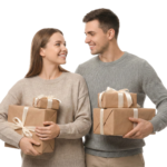 Romantic Couple Holding Gift Boxes Looking at Each Other Transparent Background