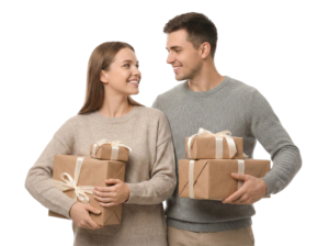 Romantic Couple Holding Gift Boxes Looking at Each Other Transparent Background