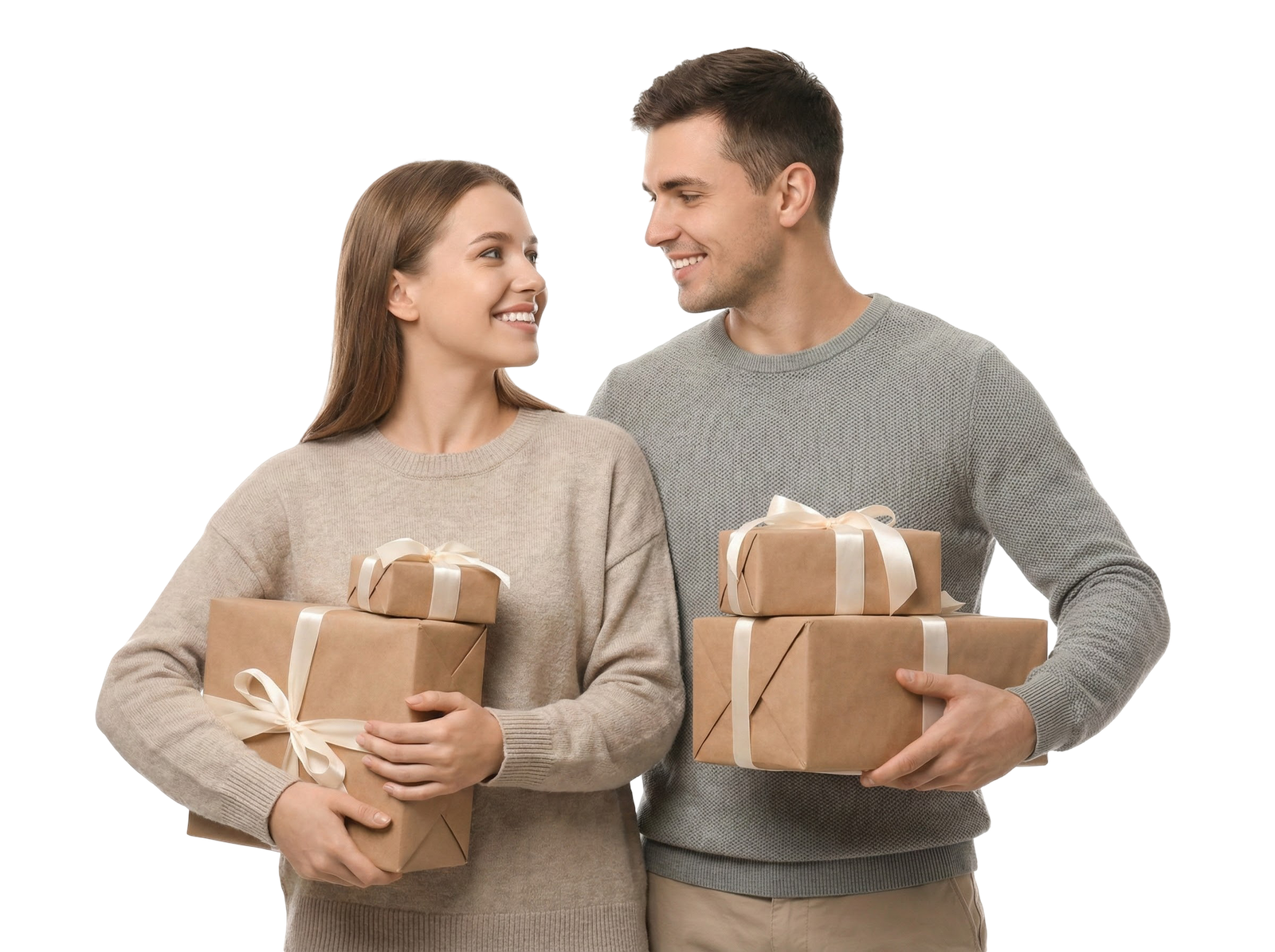 Romantic Couple Holding Gift Boxes Looking at Each Other Transparent Background