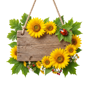 Rustic Wooden Board Sign with Sunflowers and Leaves Transparent Background
