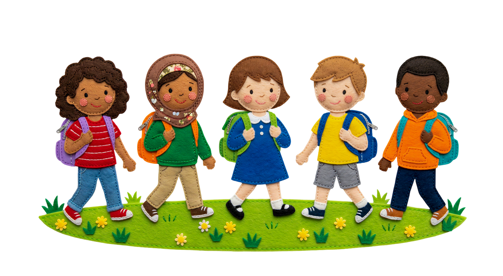 School Children Group Walking with Backpacks Transparent Background