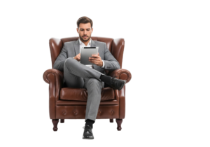 Senior Businessman Sitting in Vintage Leather Armchair Holding Digital Tablet