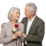 Senior Couple Embracing Red Rose Flower Transparent Background