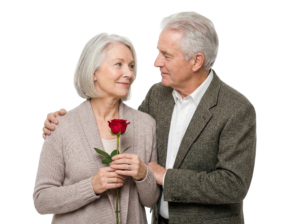 Senior Couple Embracing Red Rose Flower Transparent Background