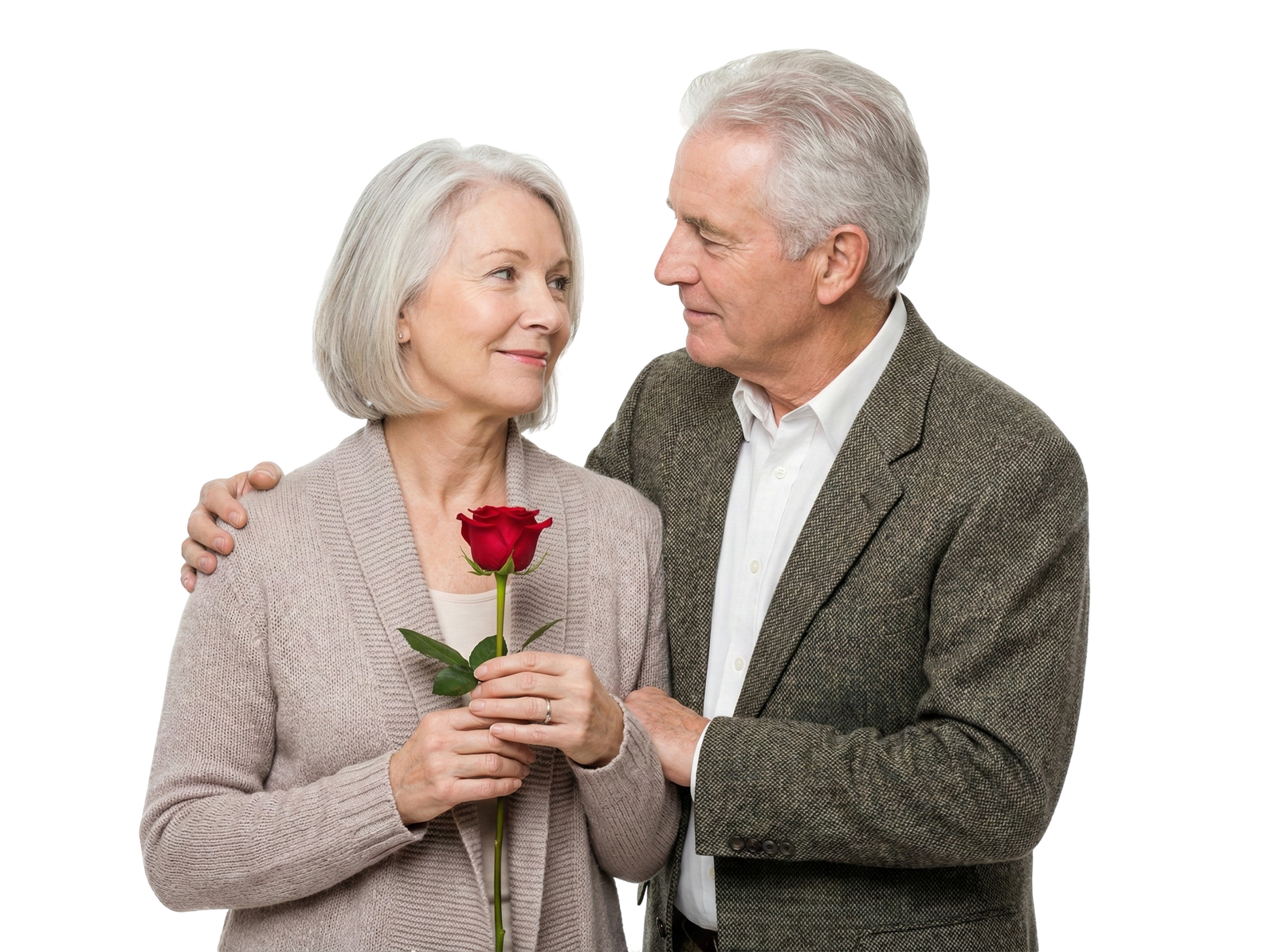 Senior Couple Embracing Red Rose Flower Transparent Background