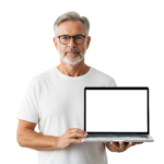 Senior Man Showing Blank Screen Laptop Computer Transparent Background