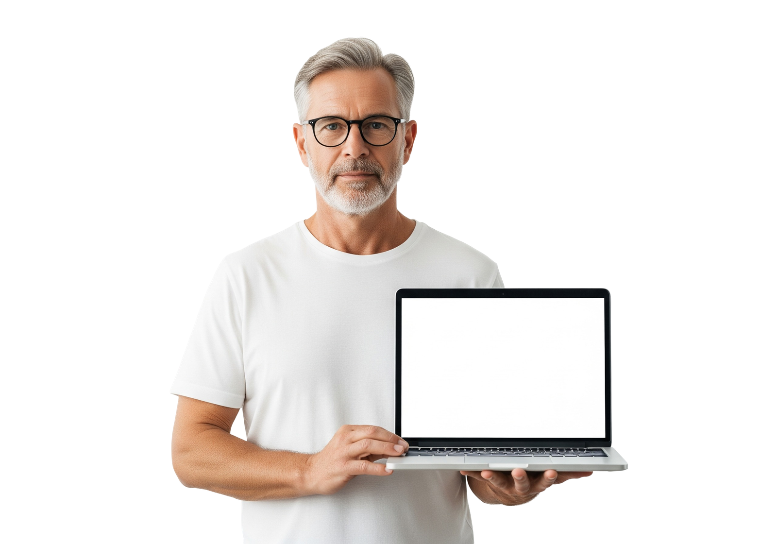 Senior Man Showing Blank Screen Laptop Computer Transparent Background
