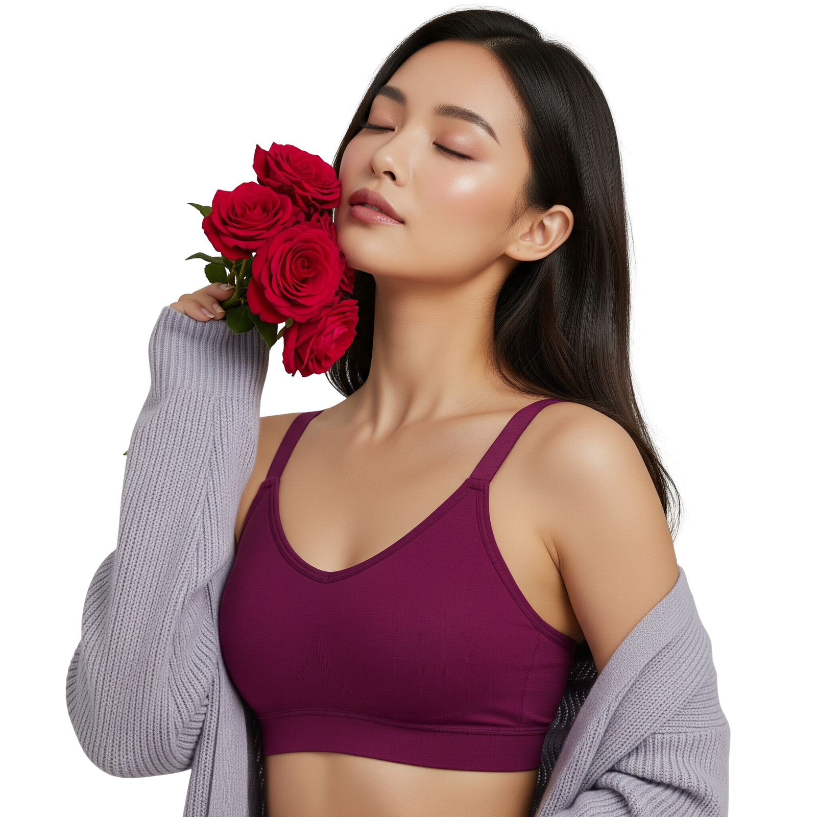 Sensual Woman Holding Red Roses Near Face Transparent Background
