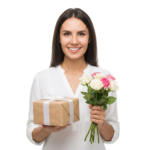 Smiling Beautiful Woman Holding Gift Box and Flower Bouquet Transparent Background