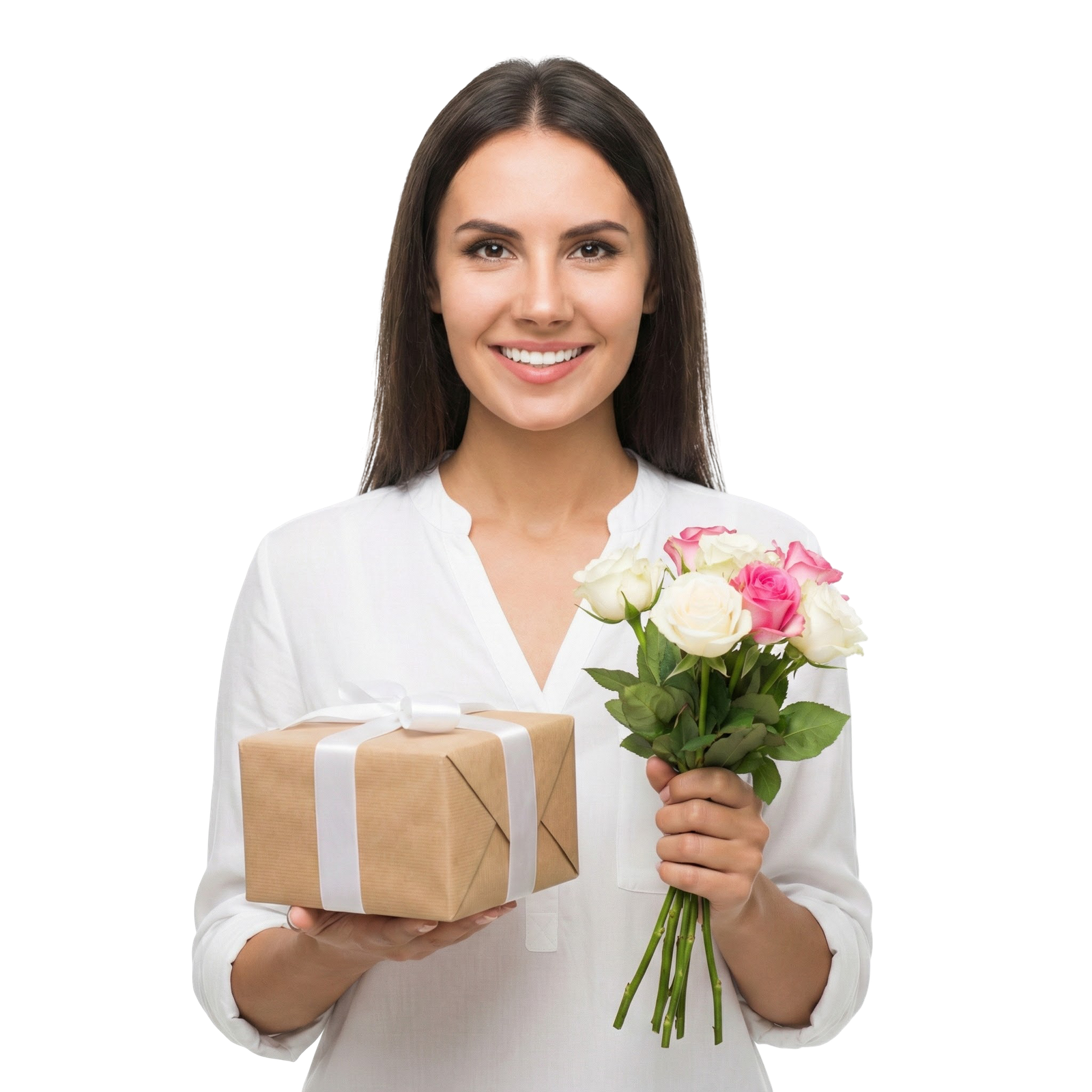Smiling Beautiful Woman Holding Gift Box and Flower Bouquet Transparent Background