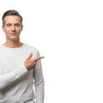 Smiling Man Pointing Finger Aside Isolated