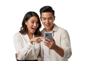 Surprised Couple Looking at Smartphone Screen Excitedly Transparent Background