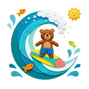 Teddy Bear Surfing Wave Illustration Transparent Background