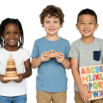 Three Diverse Children Holding Toys and Letters Smiling Transparent Background