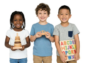 Three Diverse Children Holding Toys and Letters Smiling Transparent Background