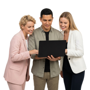 Three Diverse Colleagues Reviewing a Laptop Together