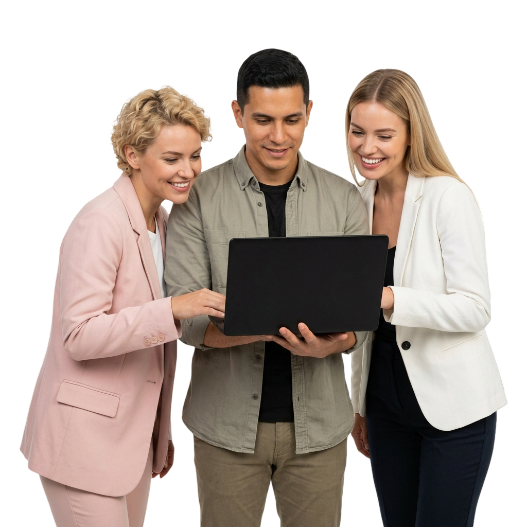 Three Diverse Colleagues Reviewing a Laptop Together